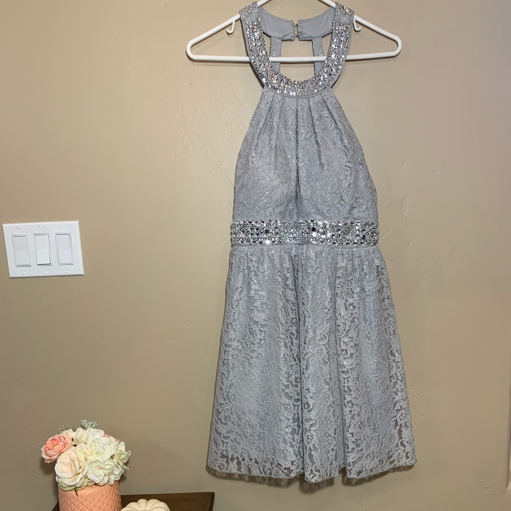 Grey lace mini/ homecoming dress size 10.